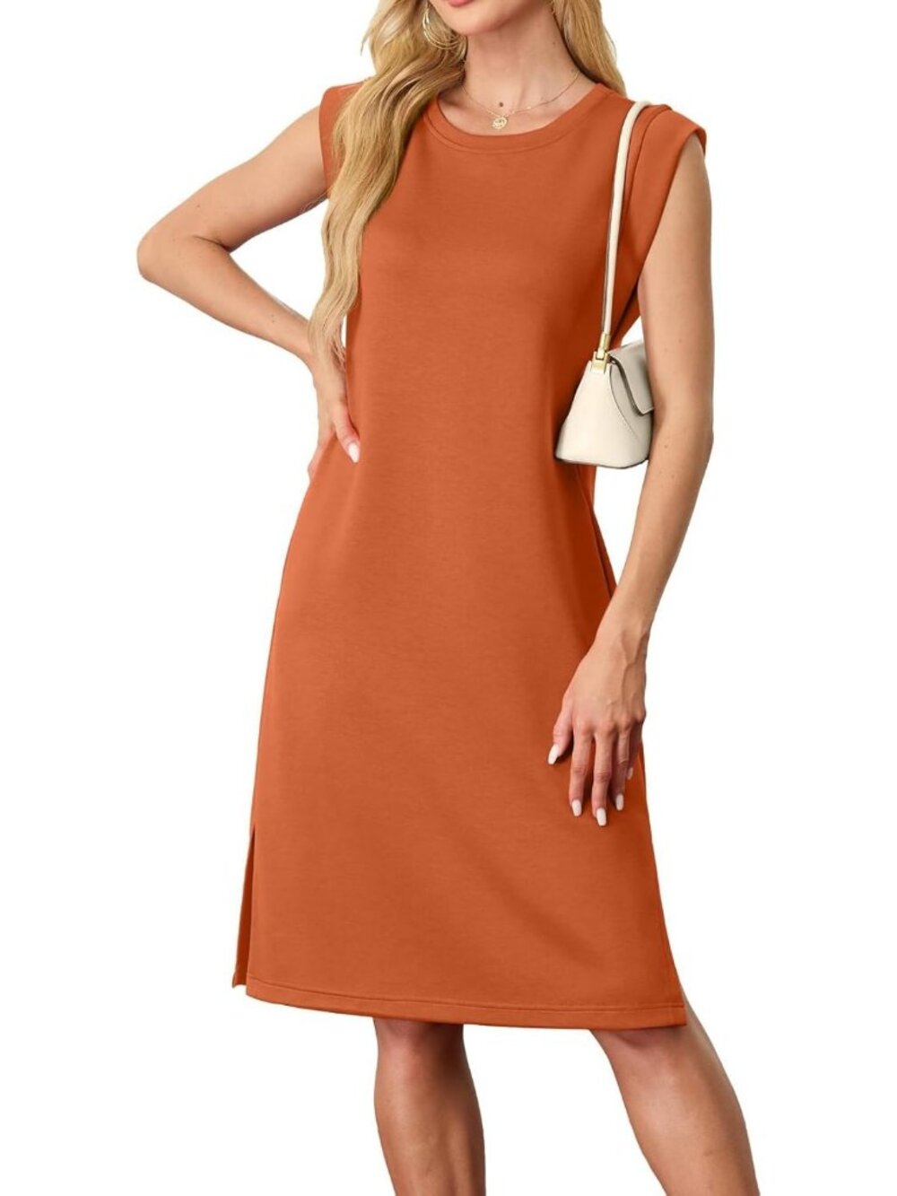 Women's Tan Sleeveless Casual Loose Beach Crewneck Wrinkle-Free Midi Dress